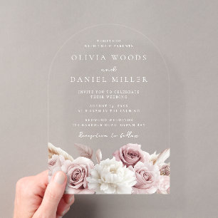 Designer Arch Blush Roos & White Floral Wedding Acryl Uitnodigingen