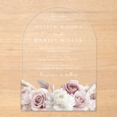 Designer Arch Blush Roos & White Floral Wedding Acryl Uitnodigingen (Voorkant)