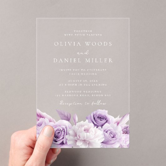 Designer Arch Paarse & Witte Bloemen Huwelijk Acryl Uitnodigingen (Insitu (Draagbaar))