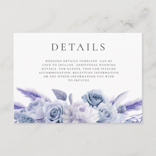 Designer Dusty Blue Floral Wedding Details Informatiekaartje (Voorkant)