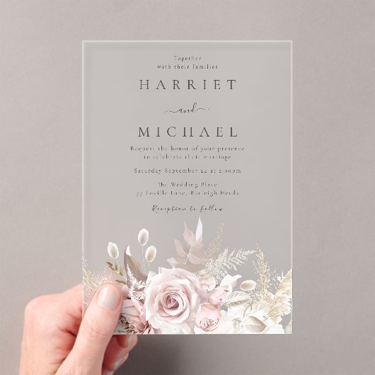 Designer Dusty Roos & Blush Bloemen Trouwen Acryl Uitnodigingen (Insitu (Draagbaar))