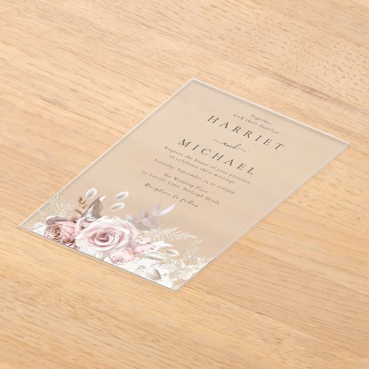 Designer Dusty Roos & Blush Bloemen Trouwen Acryl Uitnodigingen (Laagn)