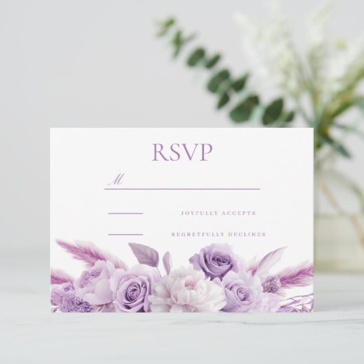 Designer Paarse Lavendel Bloemen bruiloft RSVP Kaartje (Staand voorkant)