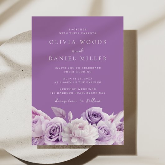 Designer Paarse Lavendel & Witte Bloemen Huwelijk Kaart