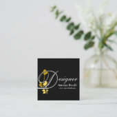 Designer Yellow Rose Floral op zwart monogram Vierkante Visitekaartje (Staand voorkant)