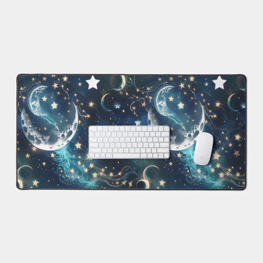 Desk Mat – Luxury Icy Blue Celestial Moon Phases (Keyboard & Muis)