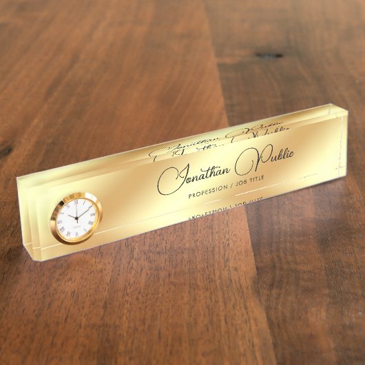 Desk Name Bord met Clock Faux Gold Typografie Naambordje (Zijkant)