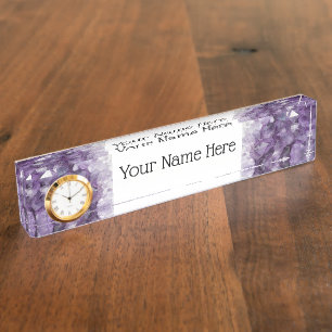 Desk Name Bord met Clock Option Amethyst Crystals Naambordje