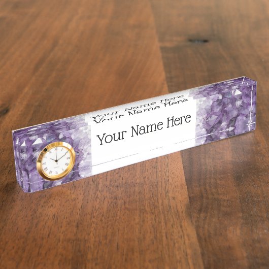 Desk Name Bord met Clock Option Amethyst Crystals Naambordje (Zijkant)