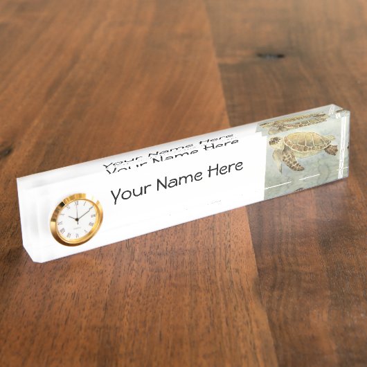 Desk Name Bord met Clock Option Zee Turtle #1 Naambordje (Zijkant)