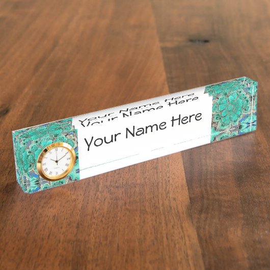 Desk Name Bord w / Clock Option Azurite Malachite Naambordje (Zijkant)