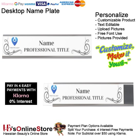 Desktop Silver Name Bord met Logo & Slogan 2 Bureau Naambordje