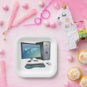 Desktopcomputer met monitor, toetsenbord en muis papieren bordje (Feest)