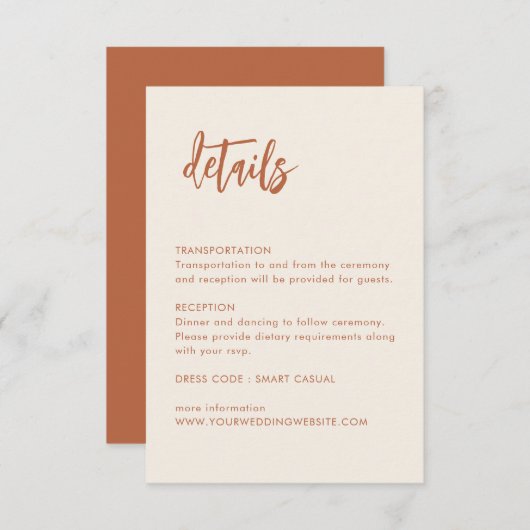 Dessert Boho Roest Bruiloft Details Enclosure Card Informatiekaartje (Voorkant / Achterkant)