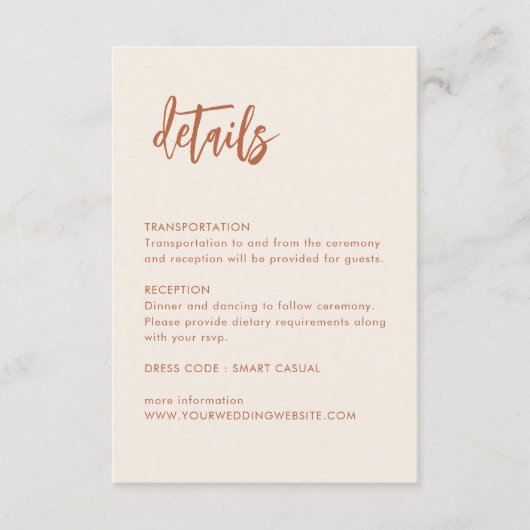 Dessert Boho Roest Bruiloft Details Enclosure Card Informatiekaartje (Voorkant)