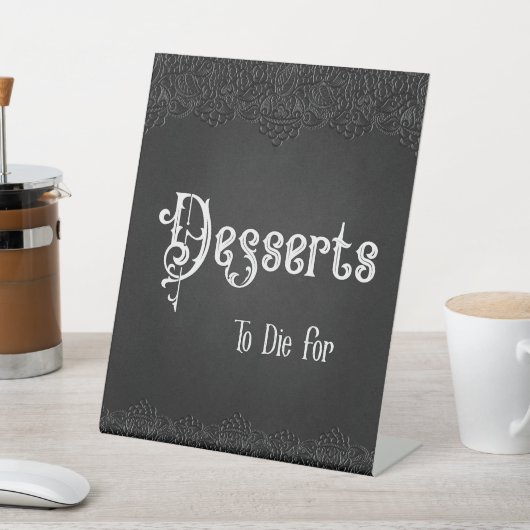 Desserts Black Lace Gothic Wedding Table Sign Reclamebord Met Voetstuk (Insitu)