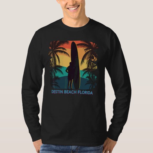 Destin Beach Florida Palm Tree Surfboard Surfer Su T-shirt (Voorkant)