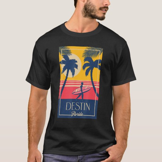 Destin Florida Retro Surfer Beach Sunset Palm Tree T-shirt (Voorkant)