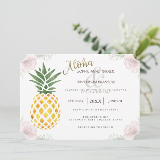 Destination Aloha Tropical Beach Wedding Invite Kaart (Staand voorkant)