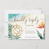 Destination Beach Wedding Compass Monogram RSVP Kaartje (Voorkant)