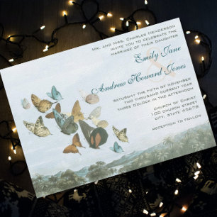 Destination Butterfly and Palm Tree Wedding Invite Kaart