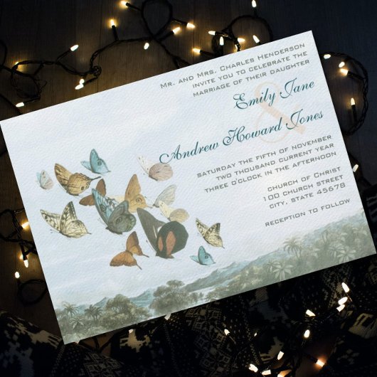 Destination Butterfly and Palm Tree Wedding Invite Kaart