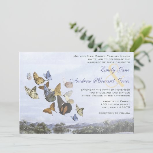 Destination Butterfly and Palm Tree Wedding Invite Kaart (Staand voorkant)