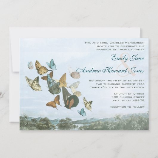 Destination Butterfly and Palm Tree Wedding Invite Kaart (Voorkant)