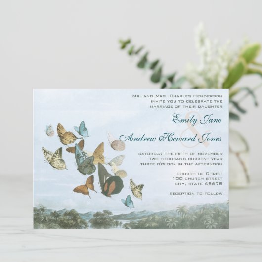 Destination Butterfly and Palm Tree Wedding Invite Kaart (Staand voorkant)