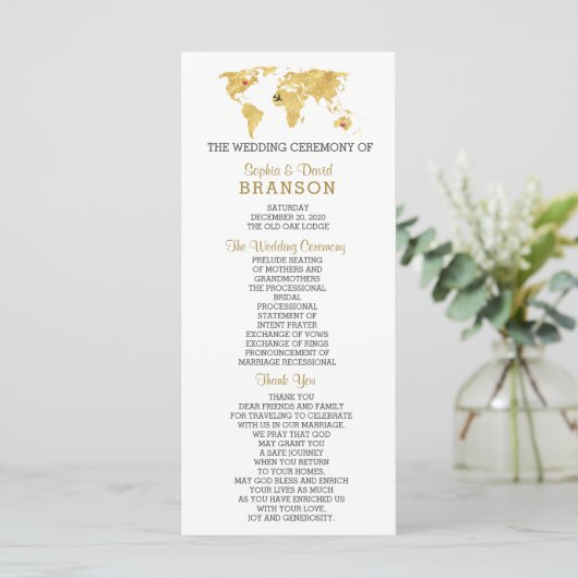 'Destination Gold Wereldkaart Wedding Programme' Programmakaart (Staand voorkant)