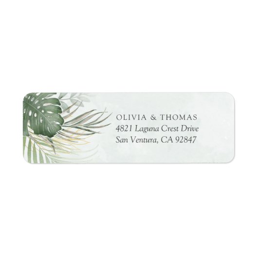 Destination Green Watercolor Palm Leaves Wedding Etiket (Voorkant)