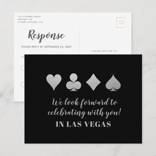 Destination LasVegas Wedding RSVP Silver Briefkaar Aankondigingskaart (Voorkant / Achterkant)