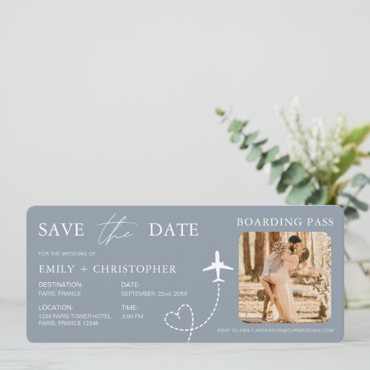 Destination Wedding Blue QR Code Boarding Pass  (Staand voorkant)