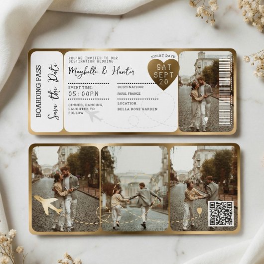 Destination Wedding Boarding Pass Gold Ticket QR Kaart