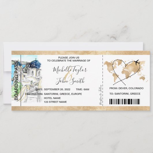 Destination Wedding Boarding Pass Santorini Grieke Kaart (Voorkant)