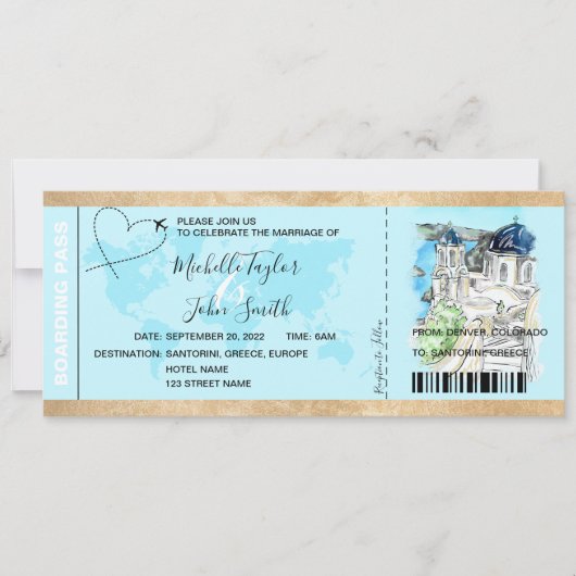 Destination Wedding Boarding Pass Santorini Grieke Kaart (Voorkant)