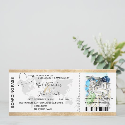 Destination Wedding Boarding Pass Santorini Grieke Kaart (Staand voorkant)