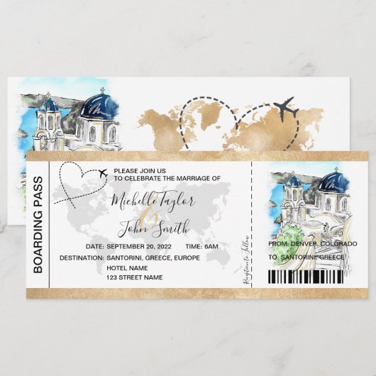 Destination Wedding Boarding Pass Santorini Grieke Kaart (Voorkant / Achterkant)