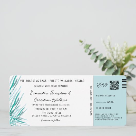 Destination Wedding Boarding Pass Tropical palm Kaart (Staand voorkant)