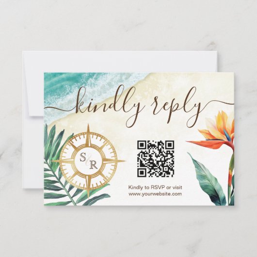 Destination Wedding Compass Monogram QR-code RSVP Kaartje (Voorkant)