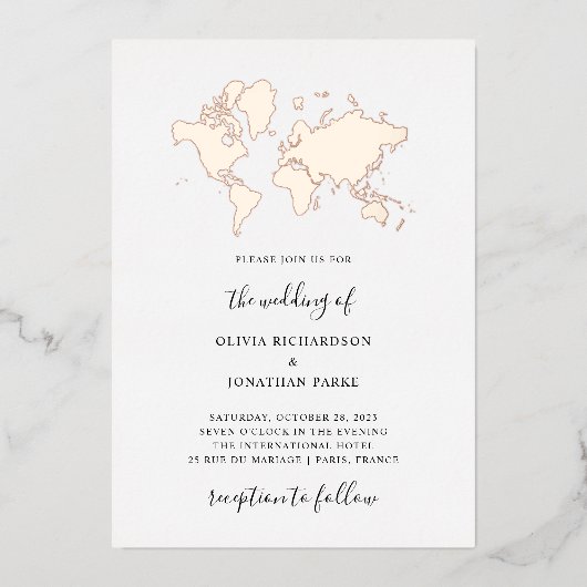 Destination Wedding | Elegant Wereldkaart Roos Gol Folie Uitnodiging (Voorkant)