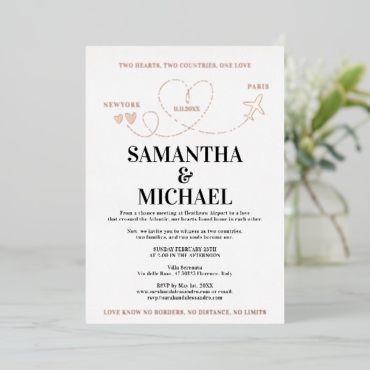 Destination Wedding Invitation | Airplane Heart Folie Uitnodiging (Staand Voorkant)