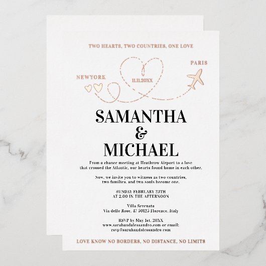 Destination Wedding Invitation | Airplane Heart Folie Uitnodiging (Voorkant / Achterkant)