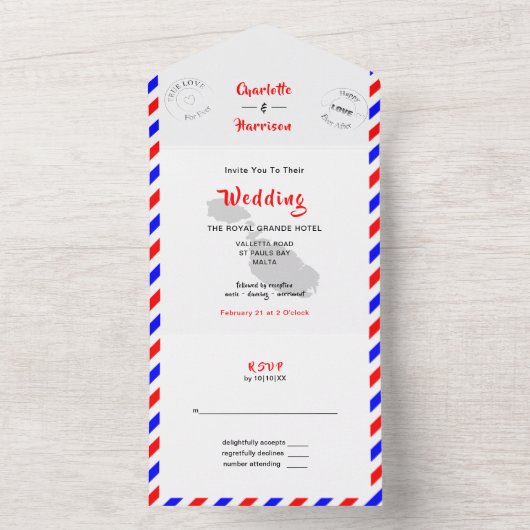 Destination Wedding Malta Airmail All in One INVI All In One Uitnodiging (Binnen)
