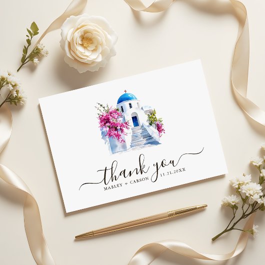 Destination Wedding Modern Bougainvillea Blue Dome Bedankkaart