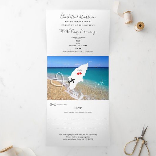 Destination Wedding Rhodes Greece Ticket Drieluik Uitnodiging (Binnen)