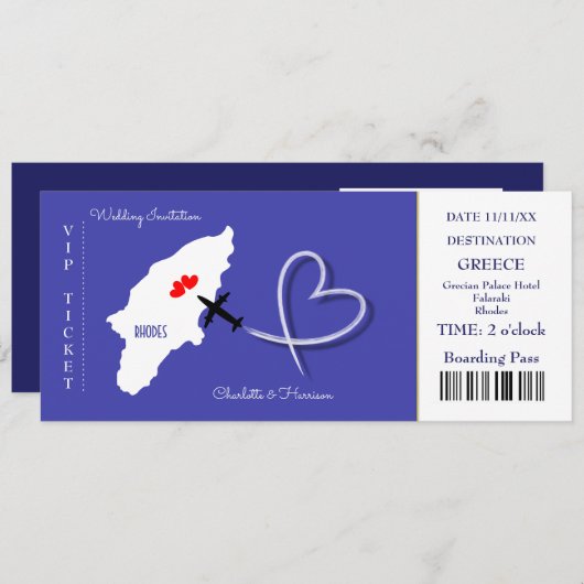 Destination Wedding Rhodes Greece Ticket Kaart (Voorkant / Achterkant)