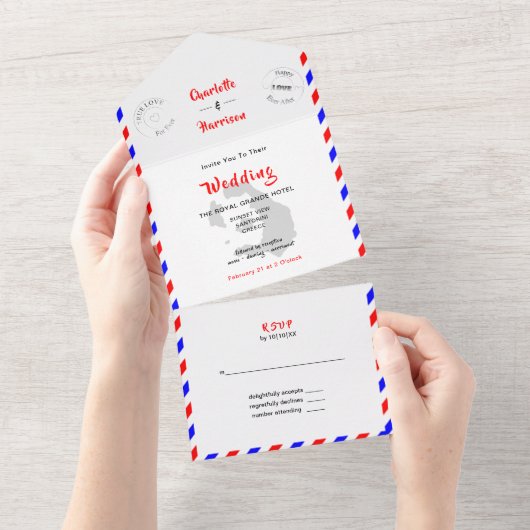 Destination Wedding Santorini Greece Airmail All In One Uitnodiging (Afscheurbaar)