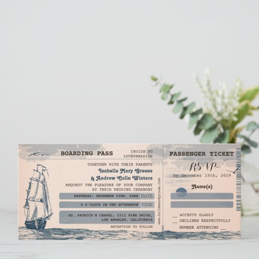 Destination Wedding Ticket Invitation Kaart (Staand voorkant)