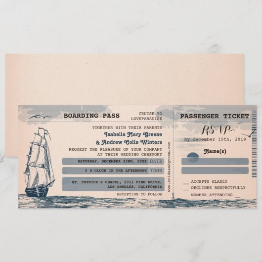 Destination Wedding Ticket Invitation Kaart (Voorkant / Achterkant)